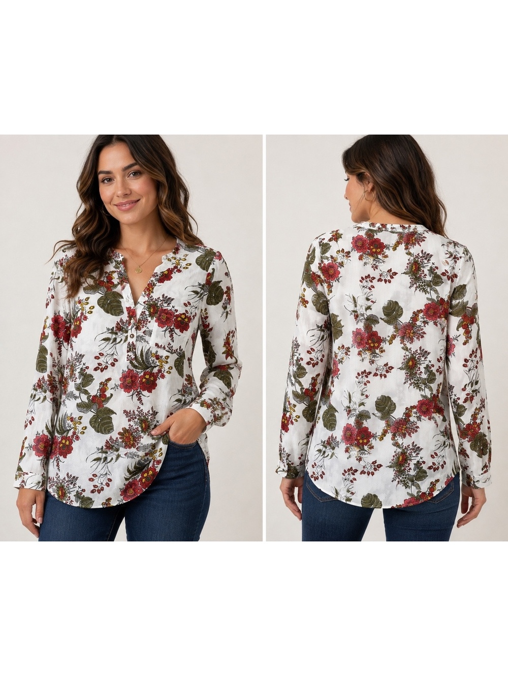 DNA Couture Women’s Small Floral Blouse White Red Green Long Sleeve Button Front